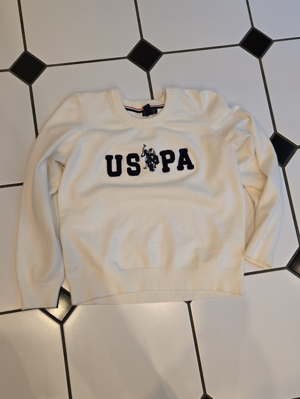 U.S. Polo Assn. Cream Crewneck Sweater with Navy Embroidered Logo